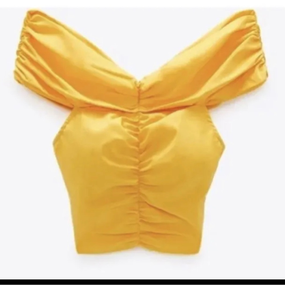 Zara Yellow Ruched Crop Blouse Size Small